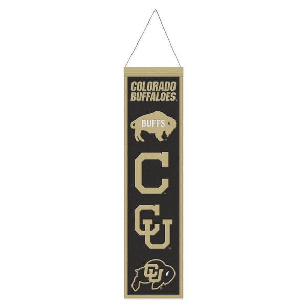 Colorado Buffaloes vertical felt banner with multiple CU logos, embroidered edges, and a wooden dowel with a hanging cord
